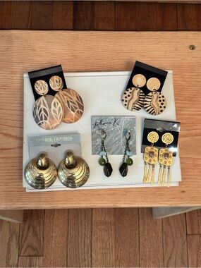 5 Vintage Fashion Pierced Earring Lot Gold and Neutral Tones-Metal & Wood